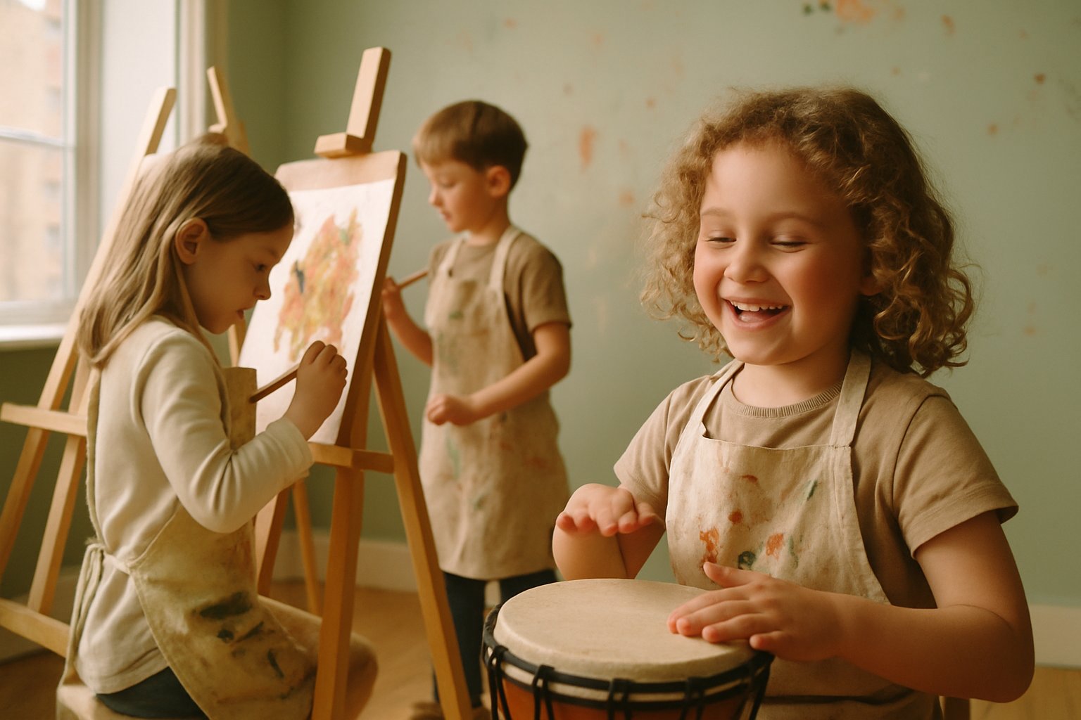Children painting and playing music