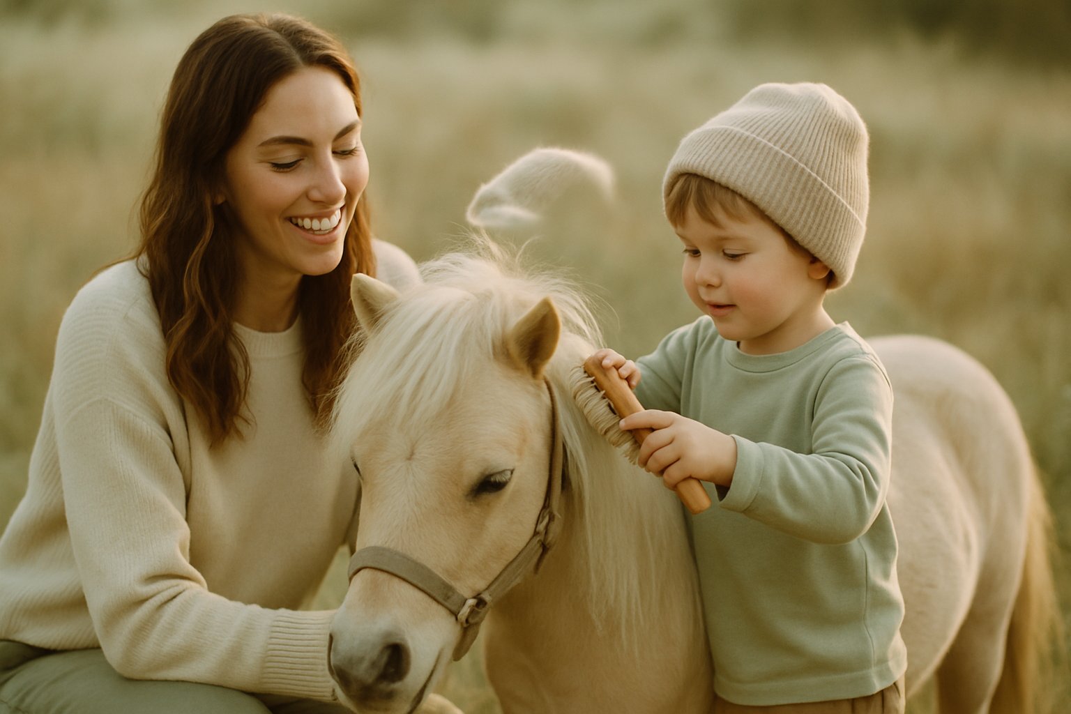 Child brushing a pony during equine therapy