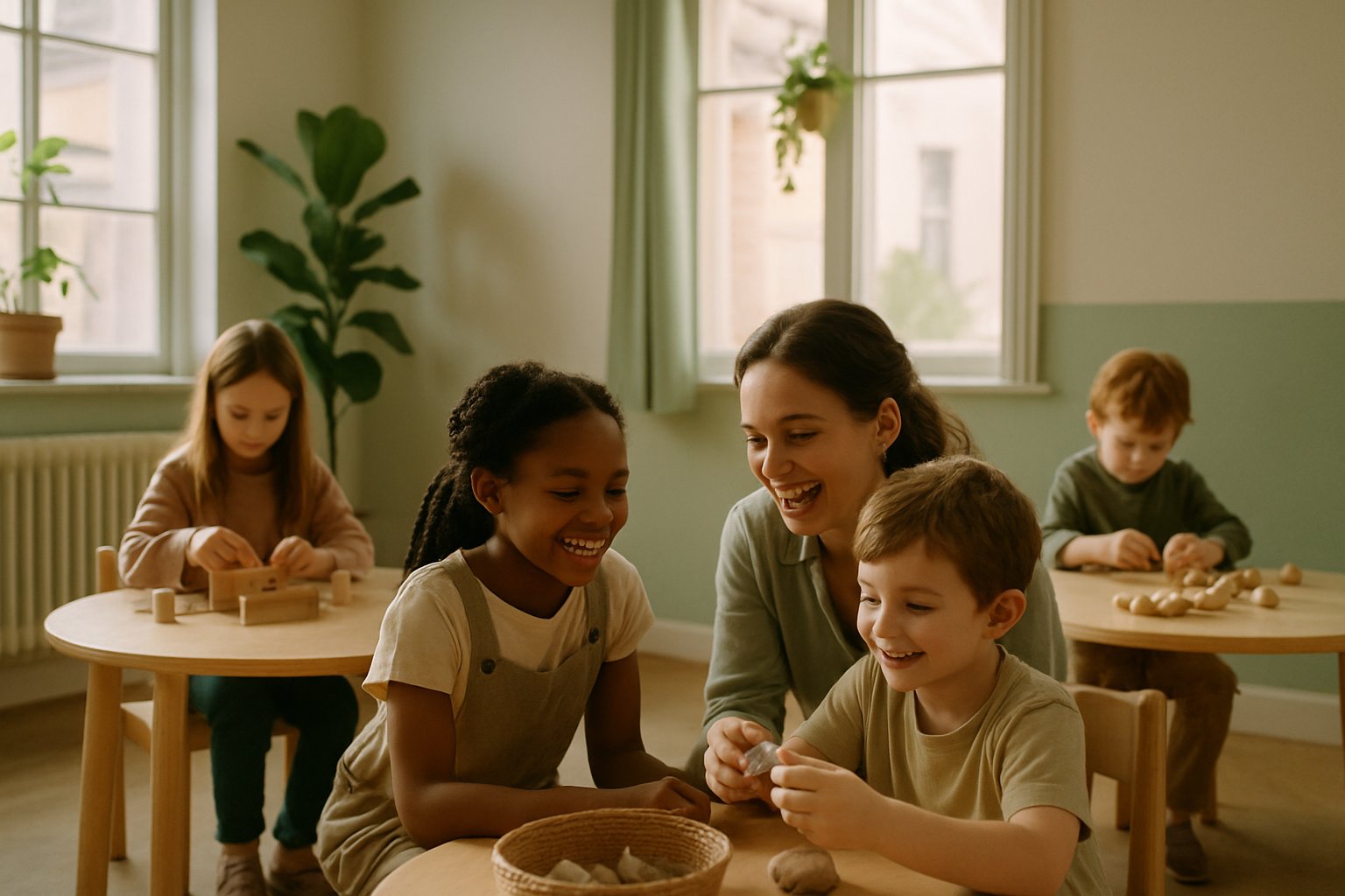 Children learning together in a bright micro-school classroom