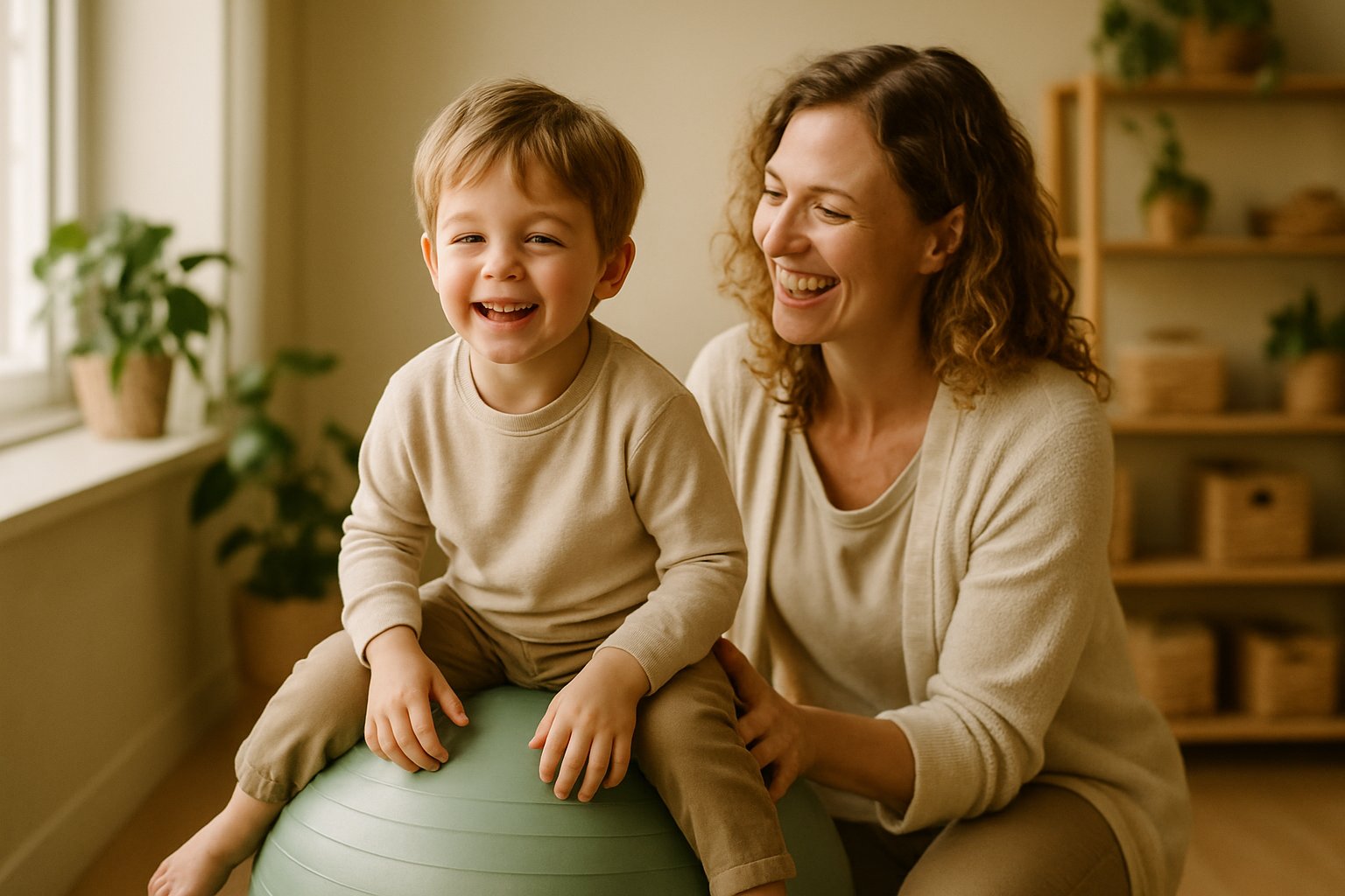 A therapist helping a child balance on an exercise ball